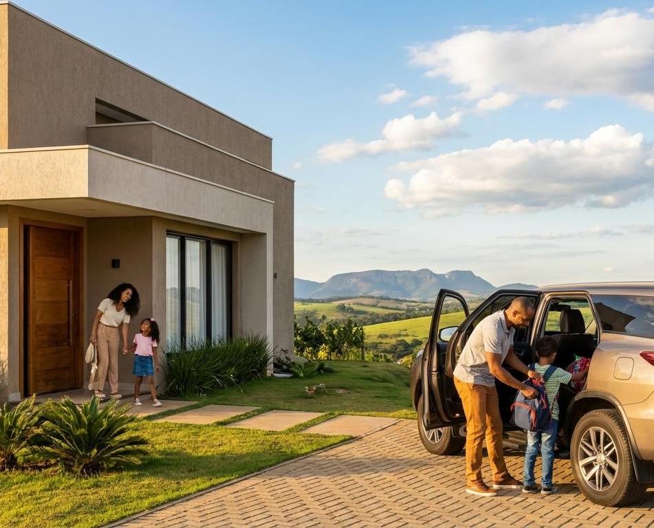 Família em frente à casa